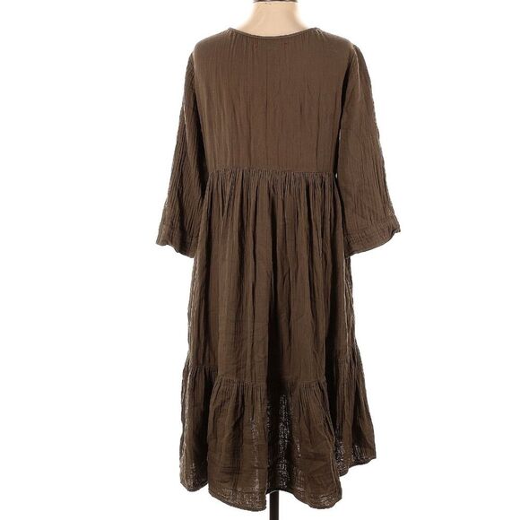 Xirena Cotton Gauze Chocolate Brown Bell Sleeve Peasant Tiered Dress Small - Picture 5 of 10